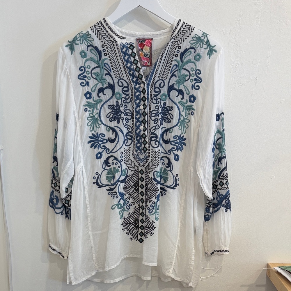 Johnny Was White Tunic with Blue and Teal Embroidery
